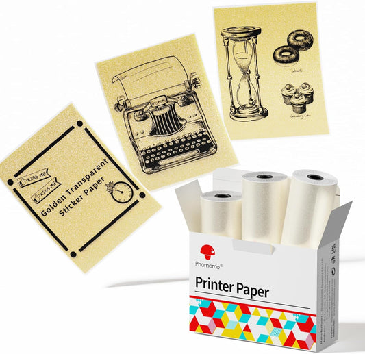 Golden Self-Adhesive Thermal Paper, Glossy Printable Sticker Paper Label for  M02/M02 Pro/M02S/P2S/M04S Mini Sticker Printer, 50Mm X 3.5M, Diameter 28Mm, 3-Rolls